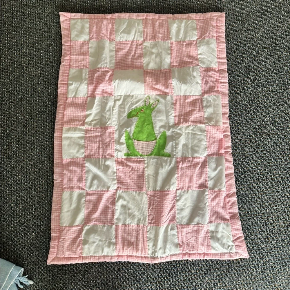Pink‎ and White Patchwork Baby Blanket with Green Kangaroo